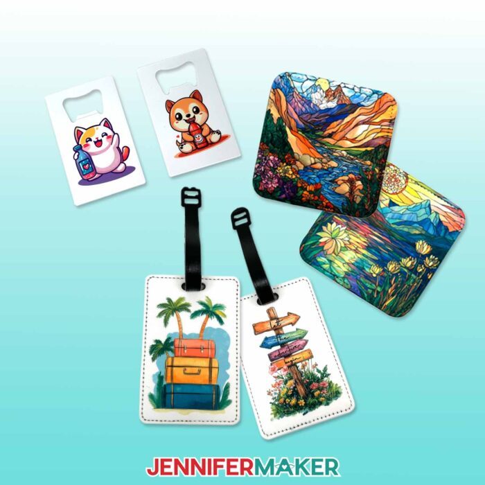 Sublimated bottle openers, luggage tags, and coasters from the Beginner Sublimation Kit are displayed on a teal background