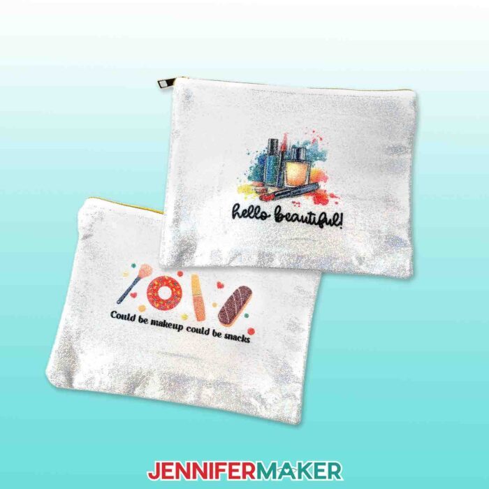 Two sublimated glitter pouches from the Beginner Sublimation Kit decorated with makeup and donut designs