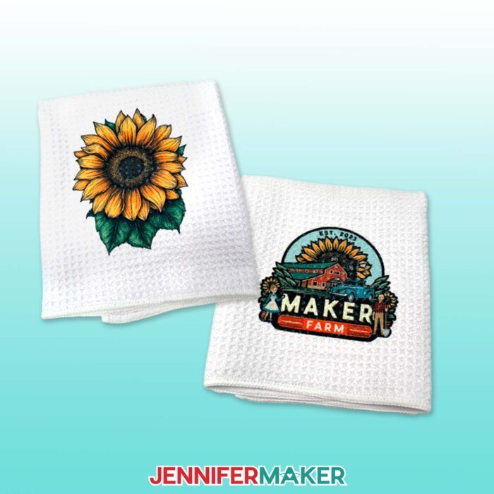 Two sublimated towels with Maker Farm and sunflower designs from the Beginner Sublimation Kit