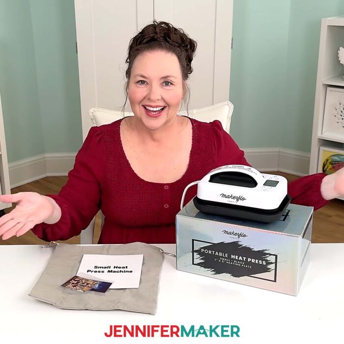 Jennifer shows off the Makerflo heat press included in the version of the Beginner Sublimation Kit that contains it