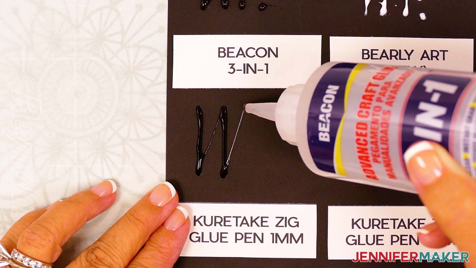The Best Craft Glues Beacon glue sample left strings of glue when the tip was moved away from the lines of adhesive.
