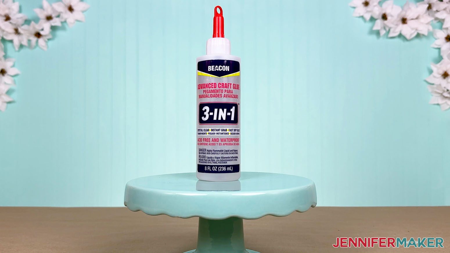 The Beacon glue bottle is arranged on a display table for the Best Craft Glues test.