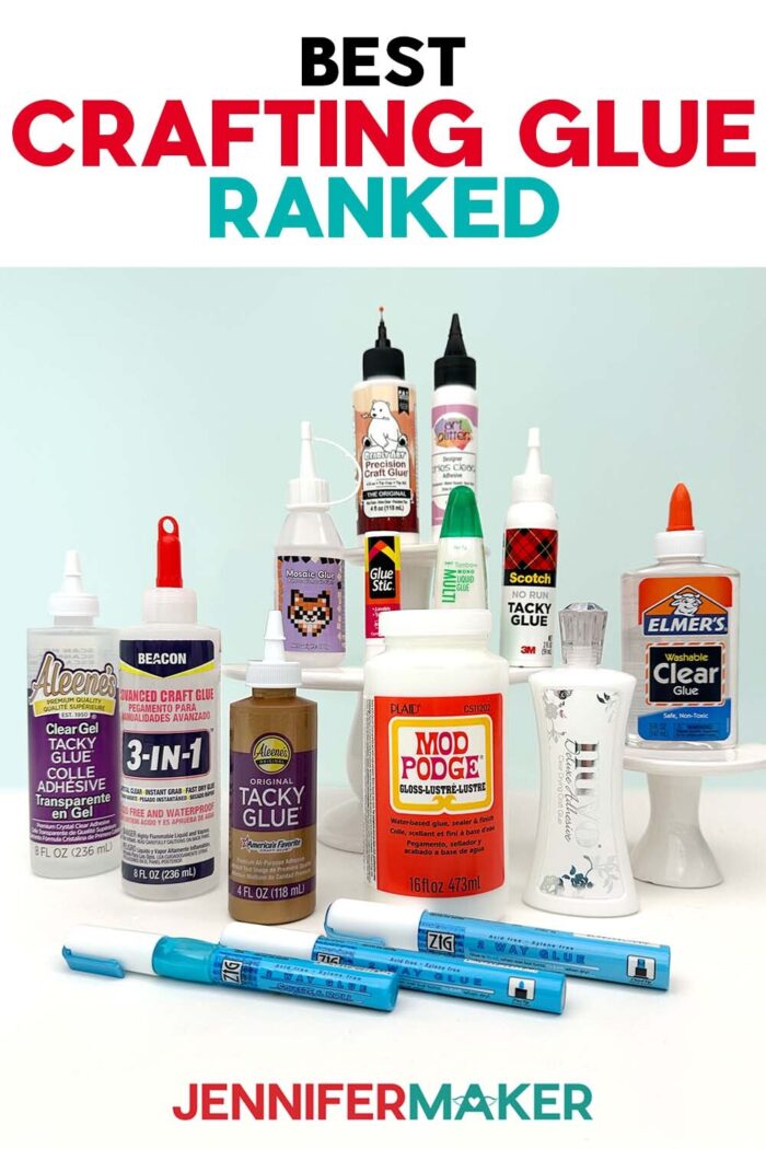 Best Craft Glues Ranked by JenniferMaker. 16 popular craft glues displayed on or around tiered pedestals.
