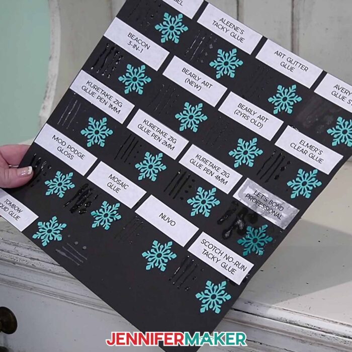 One of Jennifer's Best Craft Glues Test Sheets - Lines and Dots of glue to test application flow and control for all glues, plus snowflakes glued on to test precision.