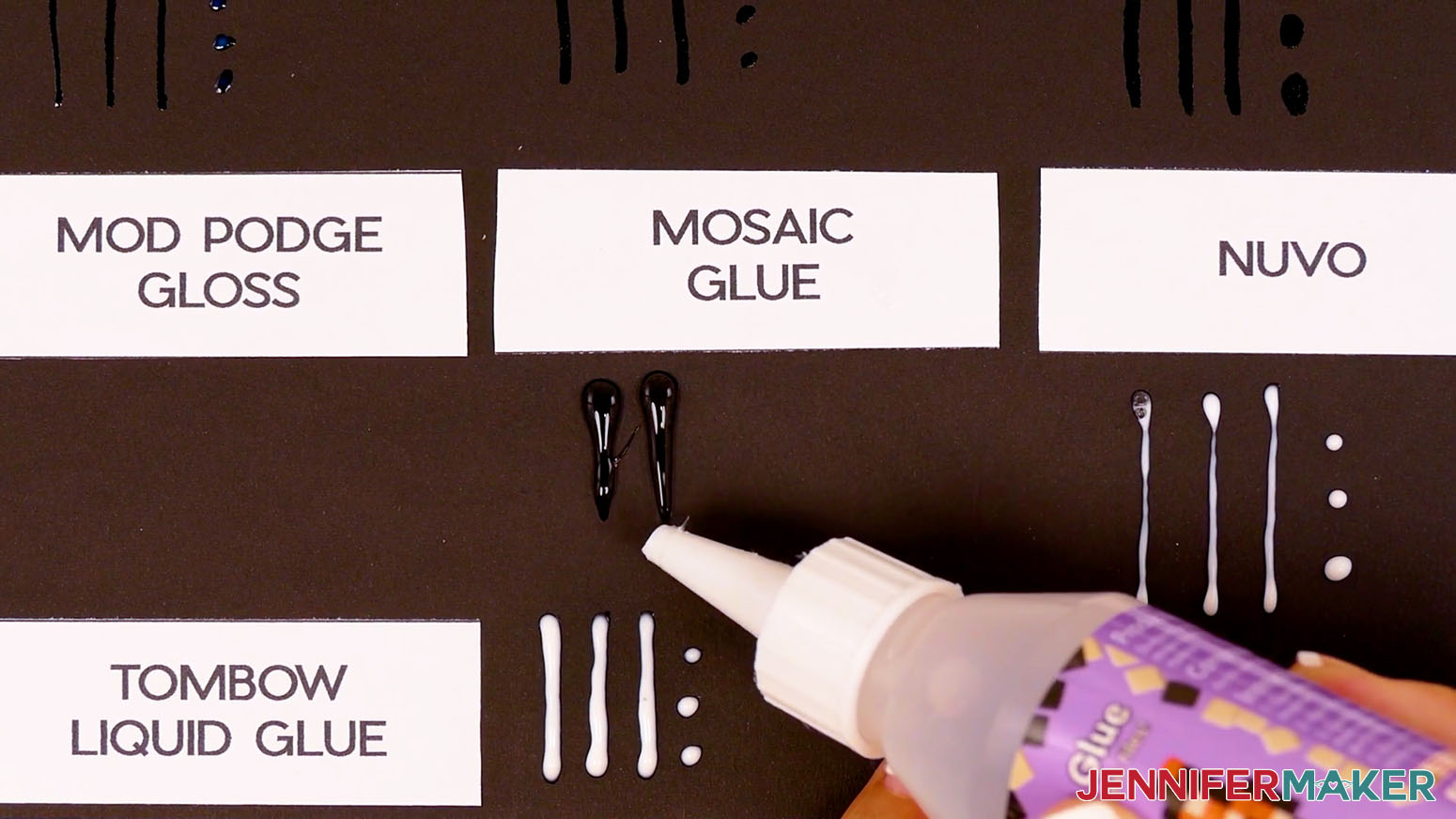 The best craft glue Mosaic Glue sample applies thick lines of adhesive that leave strings when the tip is lifted away.
