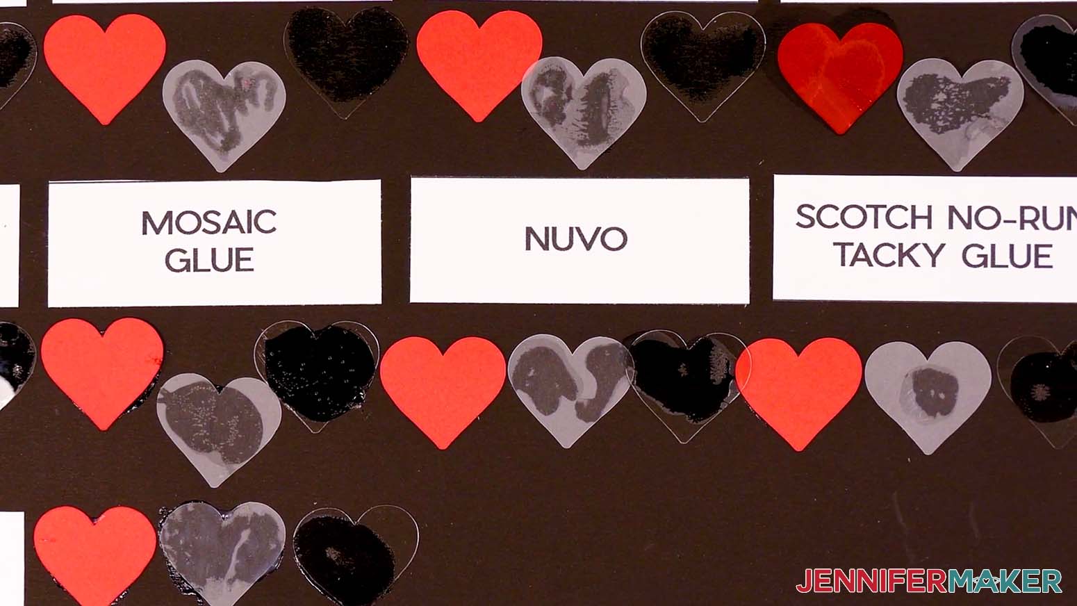 Nuvo glue is shown through the hearts that are glued to the testing sheet for the Best Craft Glues tests.