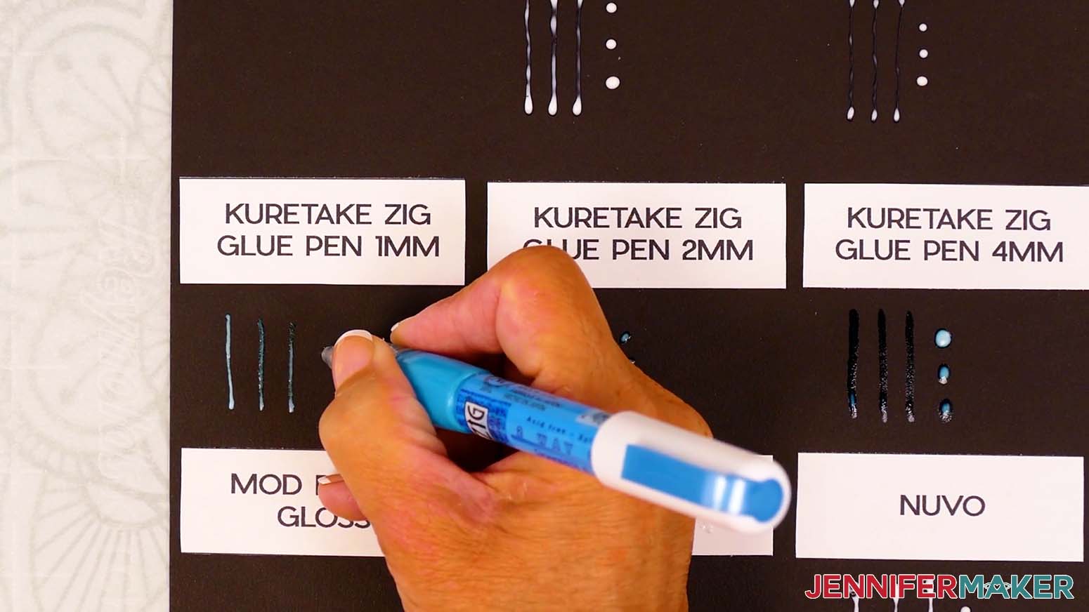 The 1mm Zig 2 way glue pen is tested for line thickness and easy of use for the Best Craft Glues test.