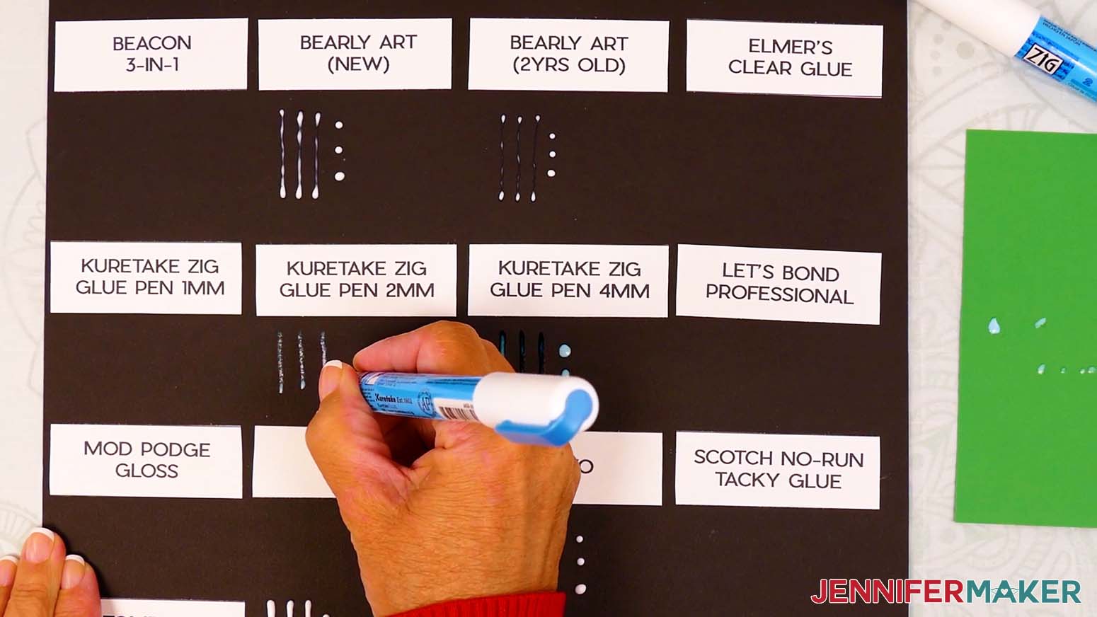 The 2mm Zig 2 way glue pen is tested for line thickness and easy of use for the Best Craft Glues test.