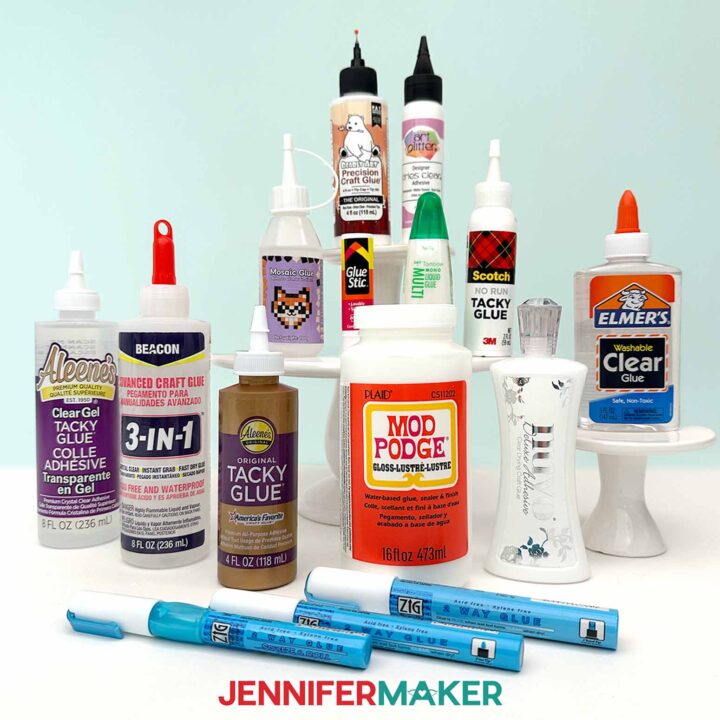 All tested glue brands for the Best Craft Glues tests are arranged in a display.