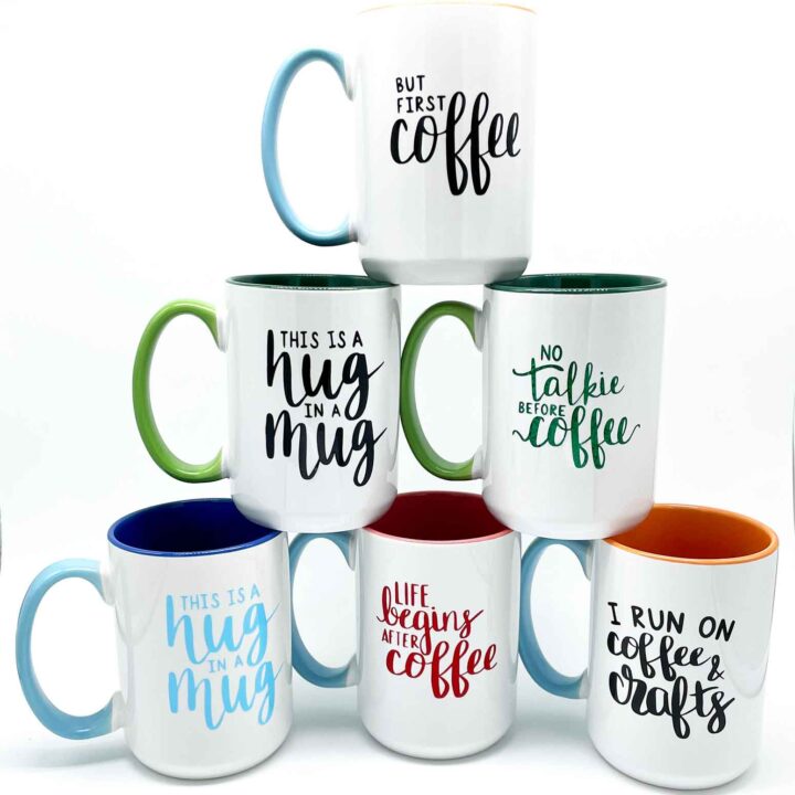 Tiered display of Best Cricut Vinyl for Coffee Mugs.