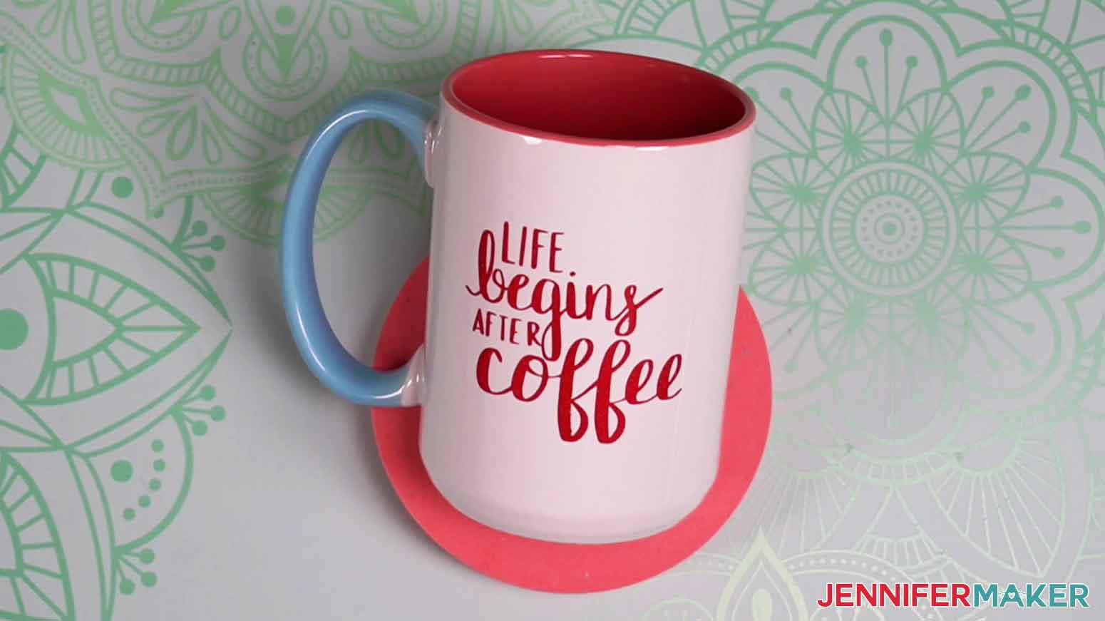 Final display of Cricut coffee mug with red shimmer permanent vinyl.