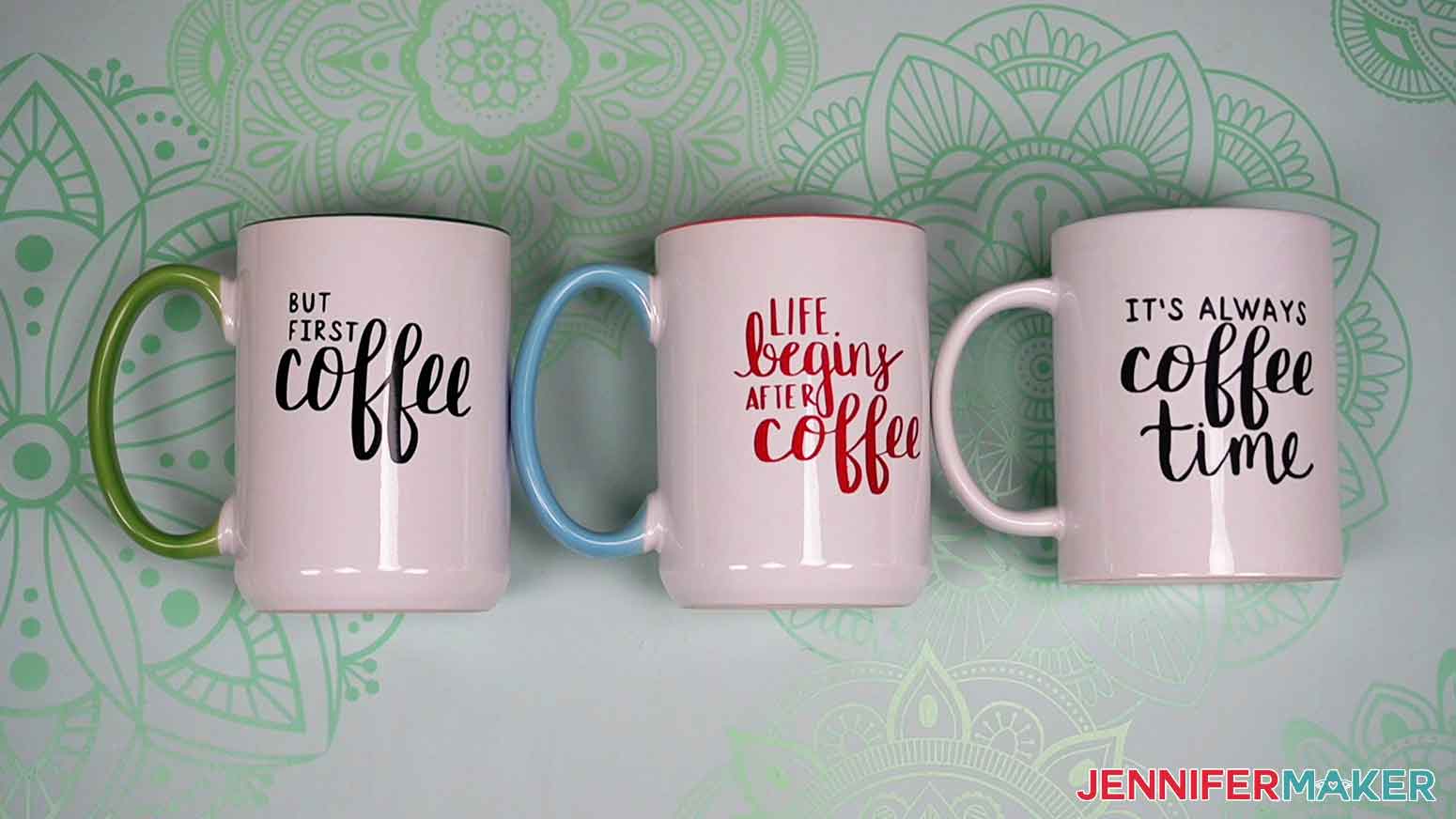 Show off display of the best Cricut vinyl for coffee mugs with permanent vinyl, shimmer vinyl, and iron-on vinyl.