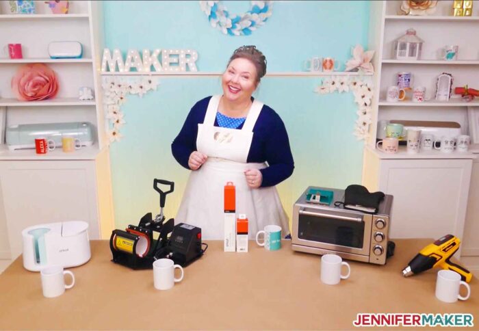 Jennifer Maker with the Cricut Mug Press, a traditional mug press, a silicone wrap, and a heat gun to determine the best mug heat press