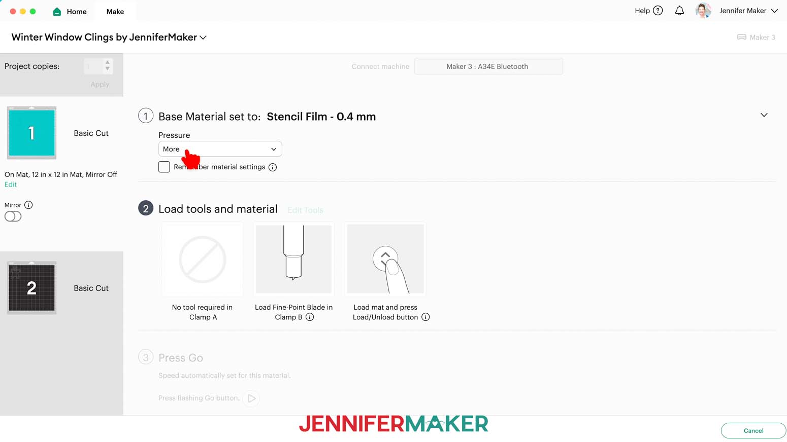Material setting for window decal is Stencil Film - 0.4 mm pressure set to more