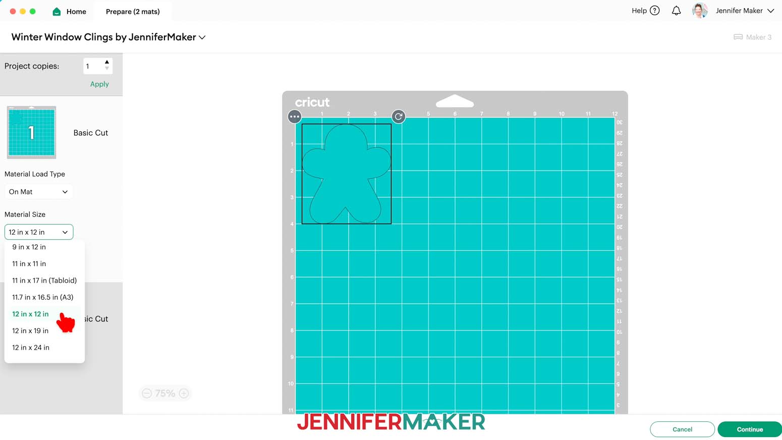 on the prepare screen, select the material size
