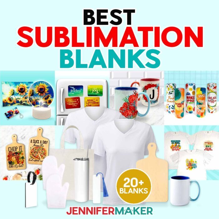 Collection of some of the Best Sublimation Blanks I recommend, like t-shirts, tumblers, and charcuterie boards, with projects you can make with them