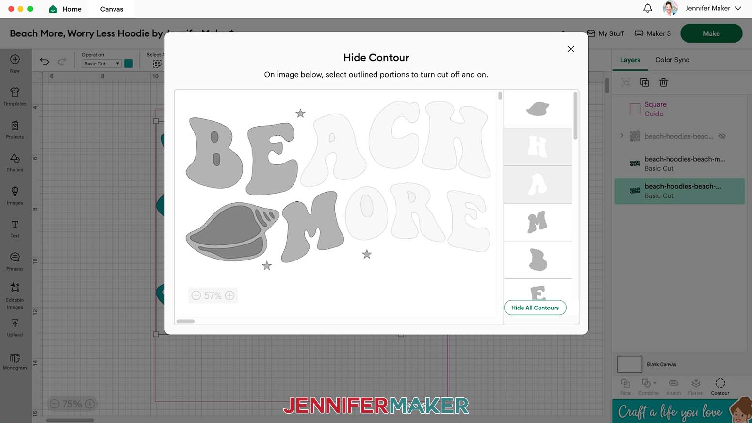 Select the Contour option to hide the pieces of the section on one side or the other to easily make smaller pieces that fit on a machine mat.
