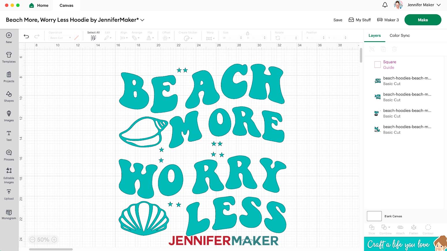 The Beach More Worry Less design is now sectioned into four pieces and is ready to cut.