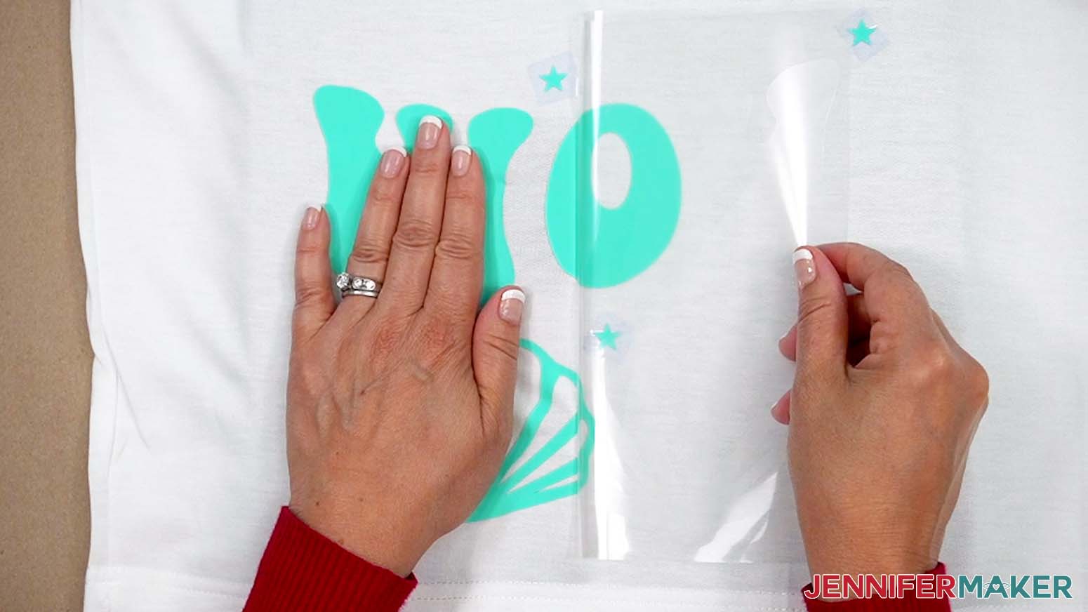 Carefully remove the carrier sheet from the Heat Transfer Vinyl after it is pressed in place and has cooled.