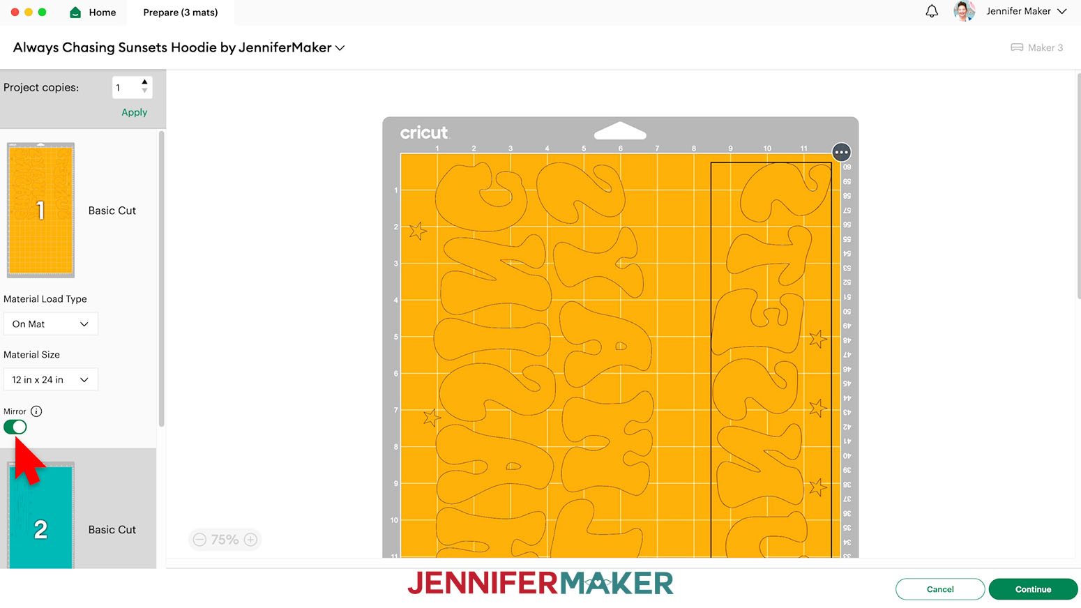 Prepare the machine mats for cutting by rotating design pieces into place to save room.