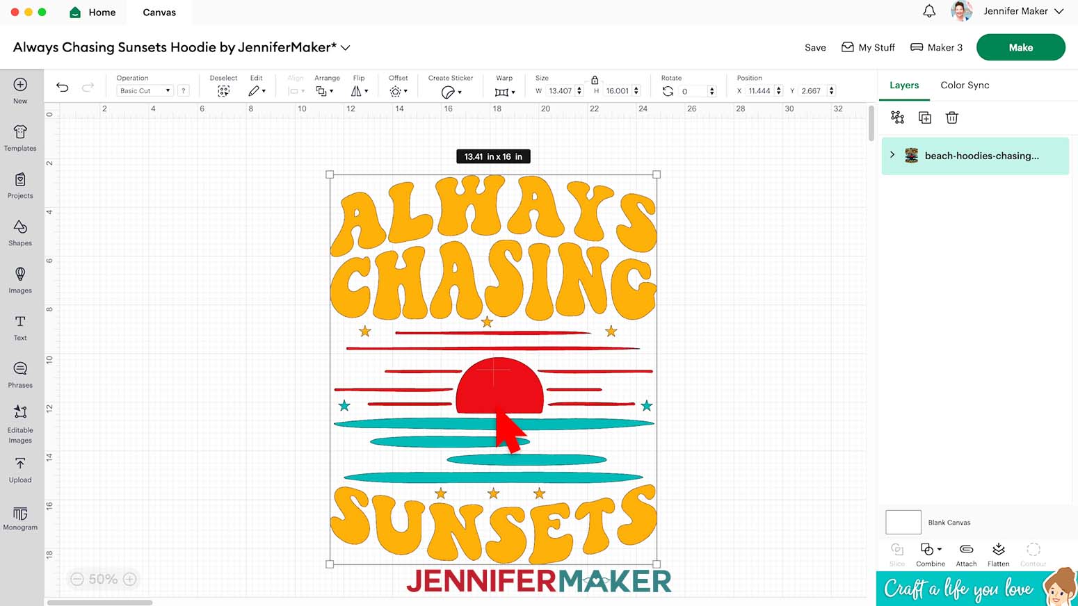 The Always Chasing Sunsets design is uploaded onto Cricut Design Space canvas and is sized Thirteen point four one by sixteen inches.
