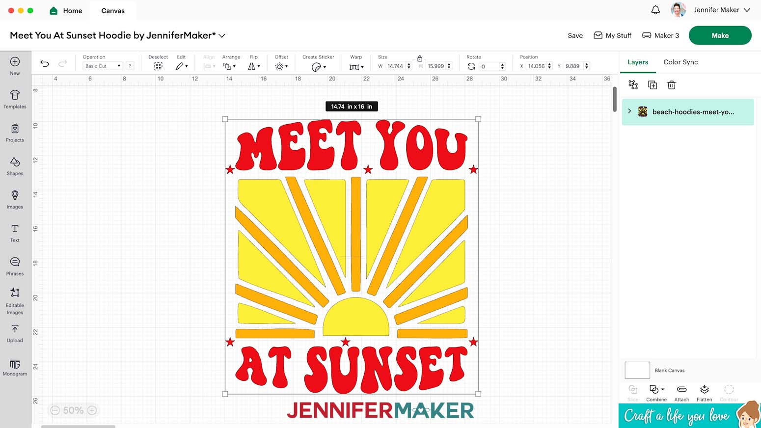 The Meet You At Sunset design is sixteen inches tall when it is opened in Design Space.