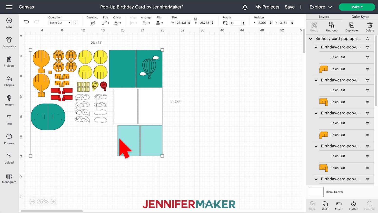 Image showing the dimensions of the entire birthday card pop project in Design Space.