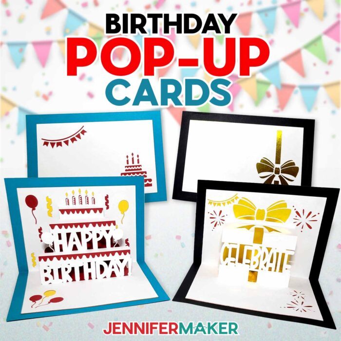 Birthday Pop Up Cards with balloon and present designs against a backdrop of festive pennant banners