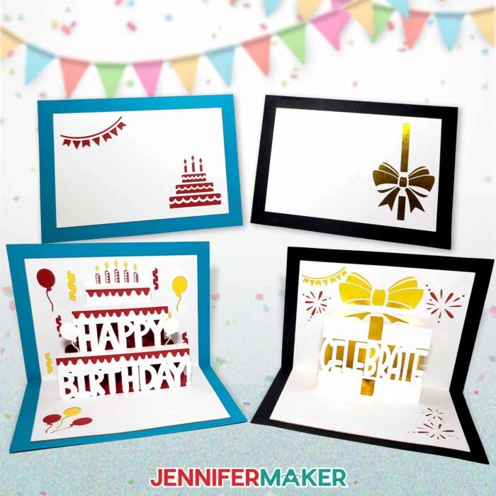 Two 3D birthday pop-up cards by JenniferMaker. A blue card with a red 3D cake and the words "Happy Birthday" popped up, and a black card with a gold present and the word "Celebrate" popped up.