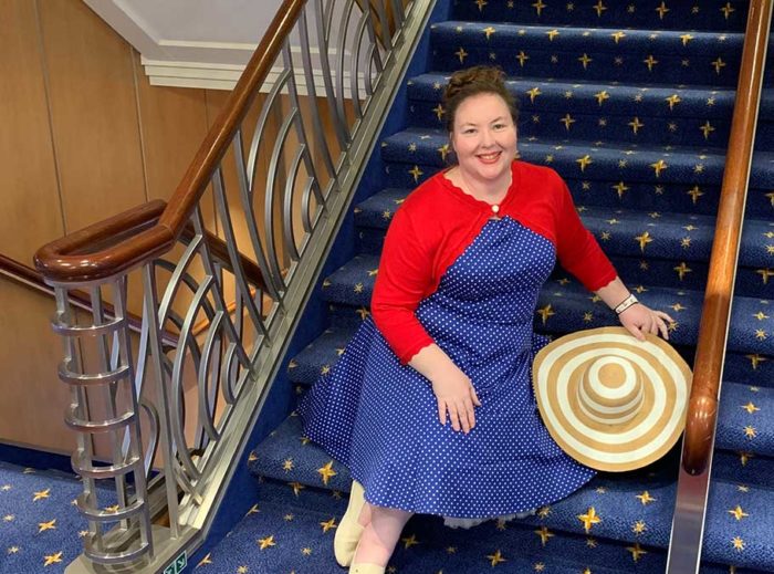 Blue polka dot vintage-style dress on the Disney Dream