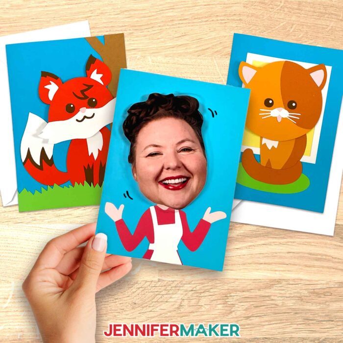 A set of three bobblehead cards featuring a fox, a cat, and a custom one of Jennifer! Make a bobble head card with JenniferMaker's tutorial!
