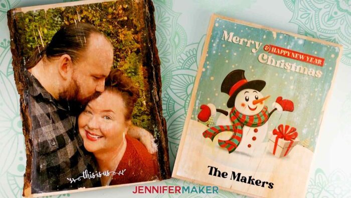 Two wood planks, one with a photograph of Jennifer Maker and her partner Greg transferred on to it, the other with an illustration of a snowman transferred.