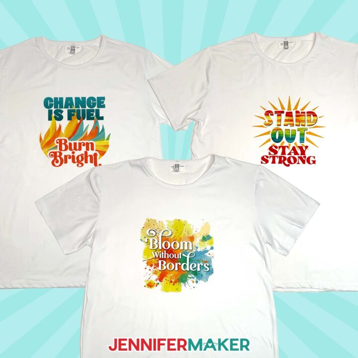 The Sublimation Shirt Ideas designs are pressed onto shirts and ready to use.