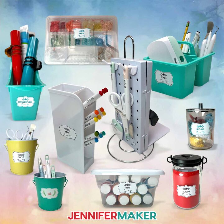 Dollar Tree Budget Craft Storage projects including organizers for beads, tools, sequins, scraps, paint, pens, and vinyl.