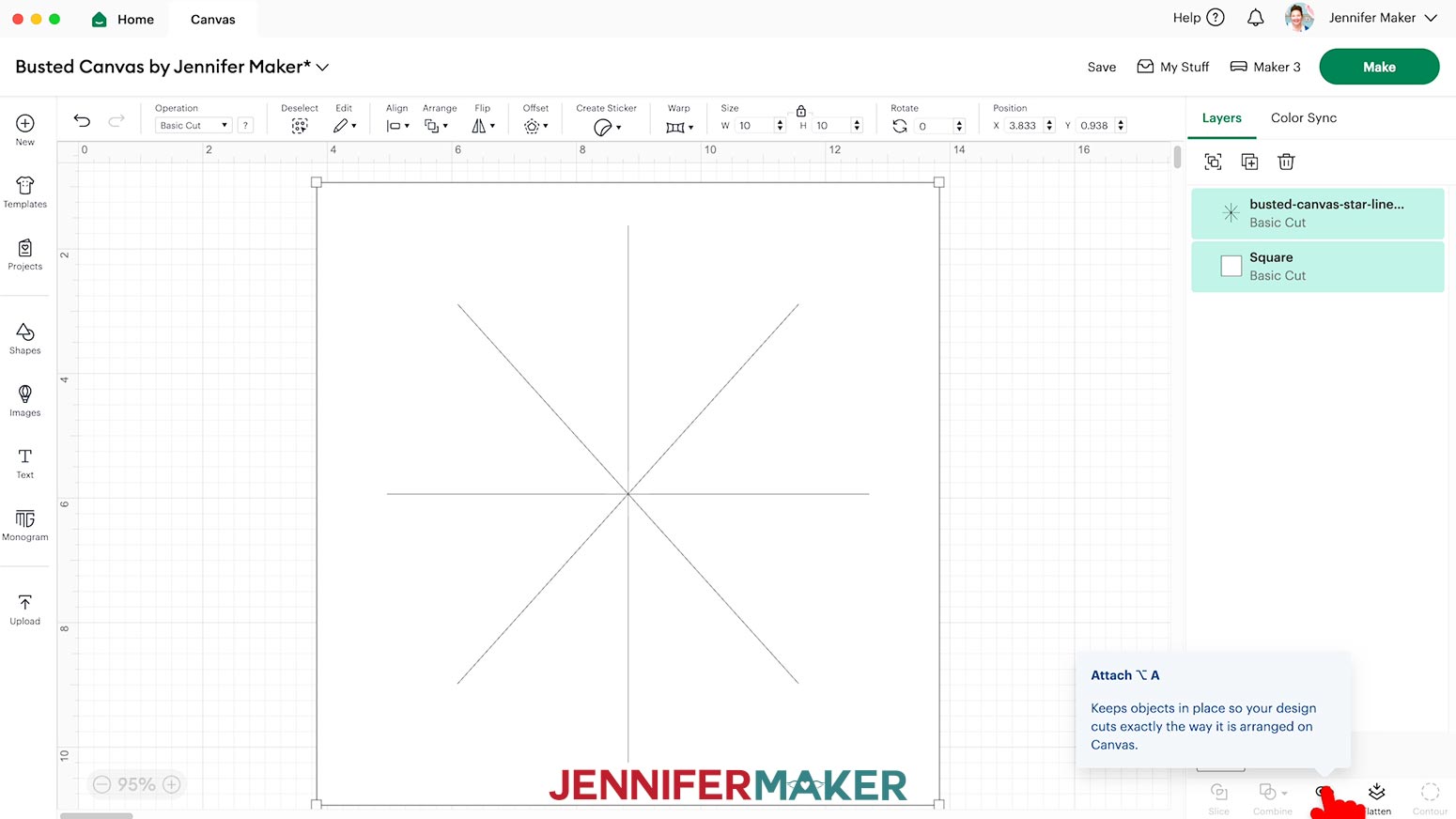 Attach the square and cut lines so they will cut together to make the busted canvas cover sheet.
