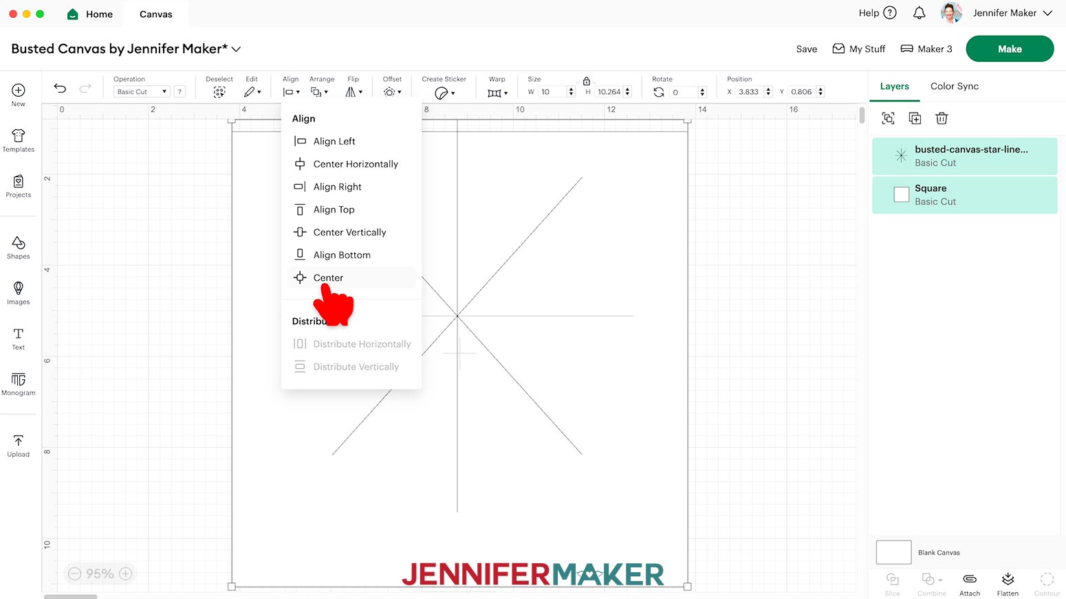 Use the Align Center command to center the cut lines over the square shape to form the busted canvas cover piece.
