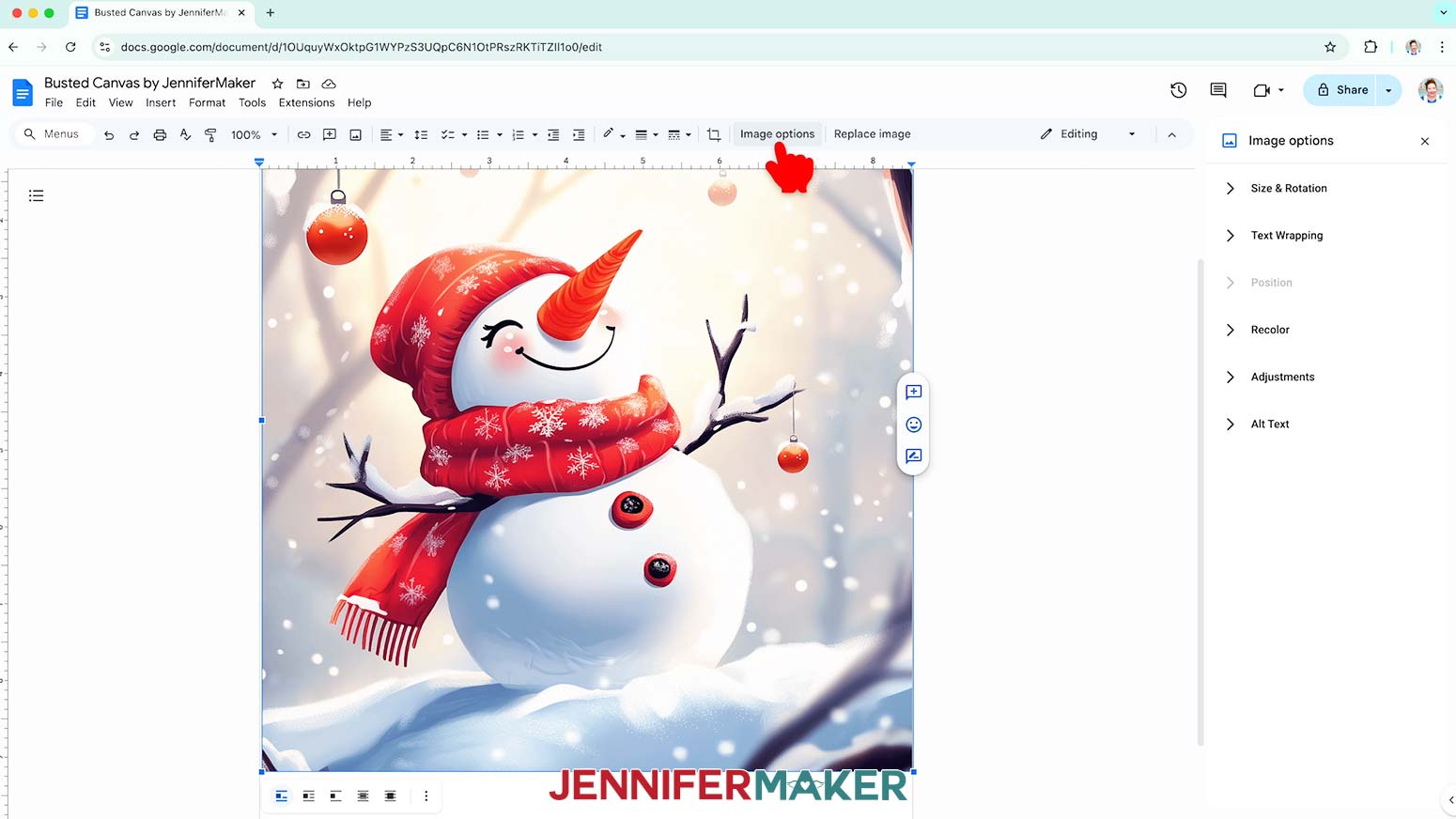 Click image options to access the size menu to edit the busted canvas image in google docs.