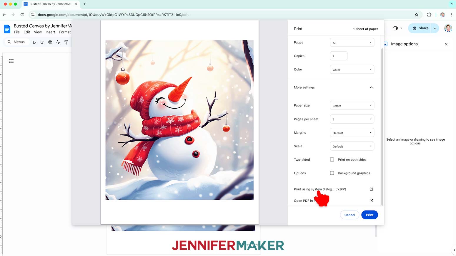 Print the busted canvas image using the system dialogue box to access more precise print menus.