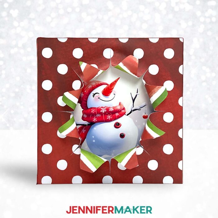 A busted canvas project with an illustrated snowman showing in the middle.