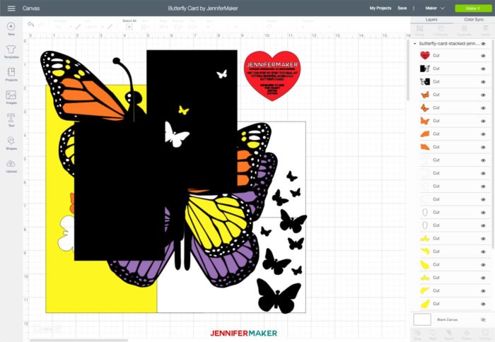 Butterfly Card SVG uploaded to Cricut Design Space - all elements are stacked on top of one another