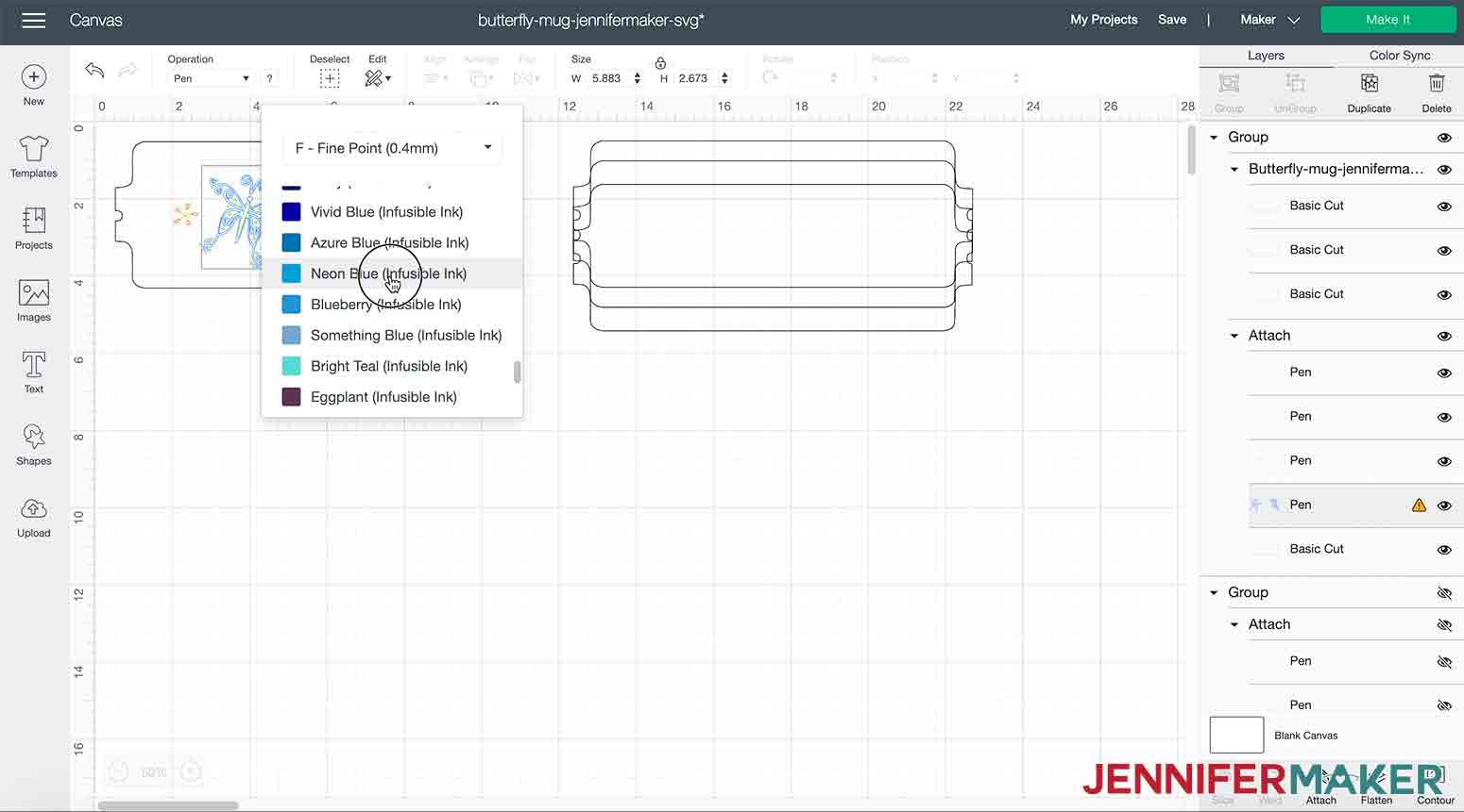 choosing blue infusible ink pen in design space