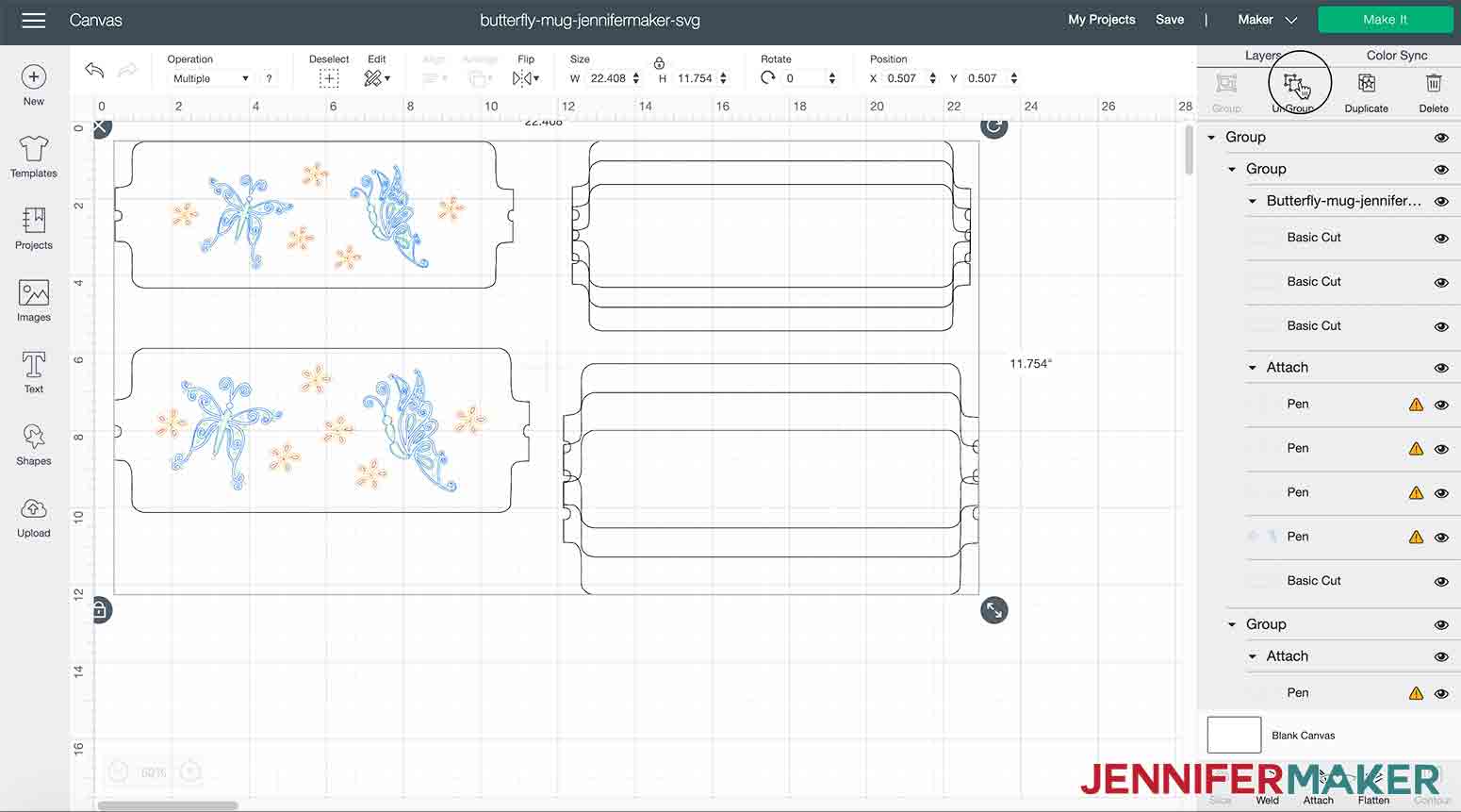 shows how to ungroup in Design Space