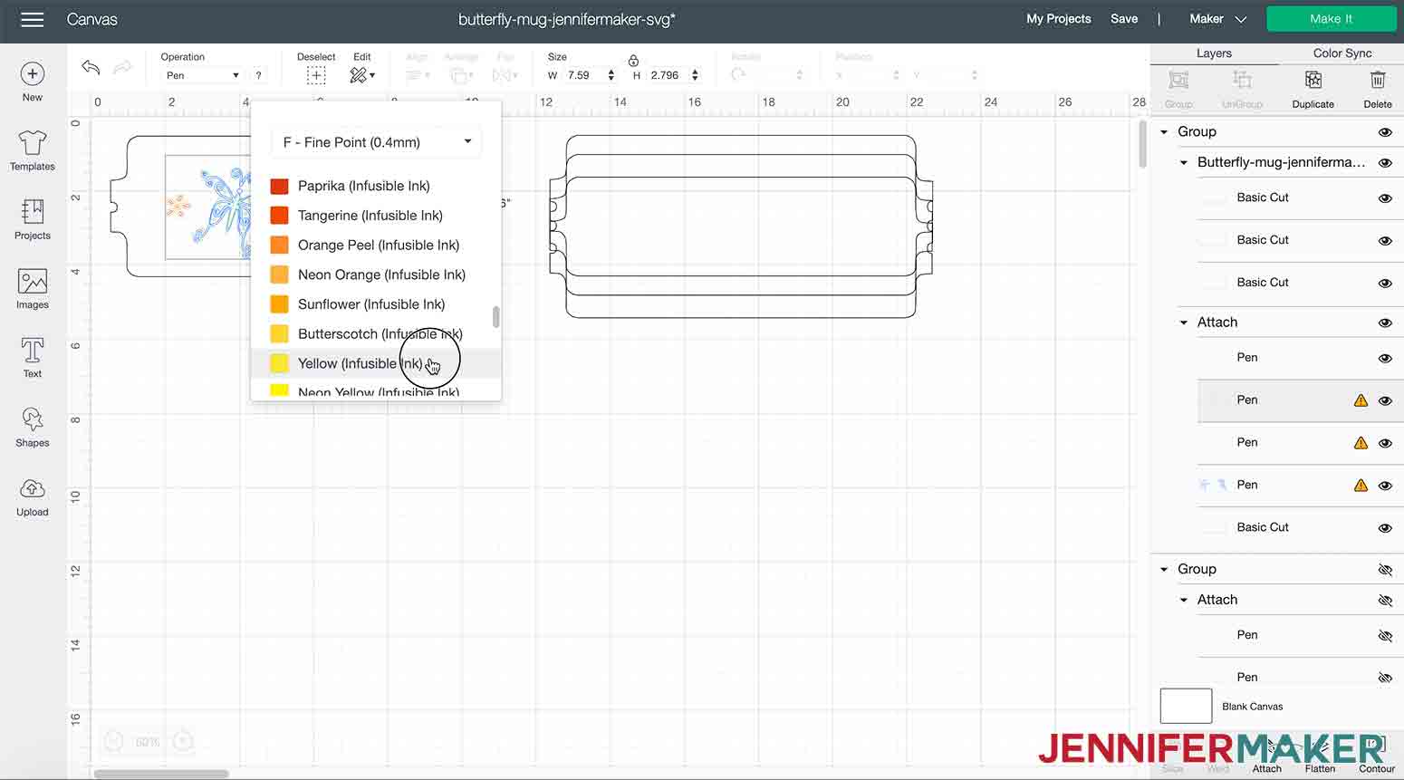 choose yellow infusible ink pen color in design space