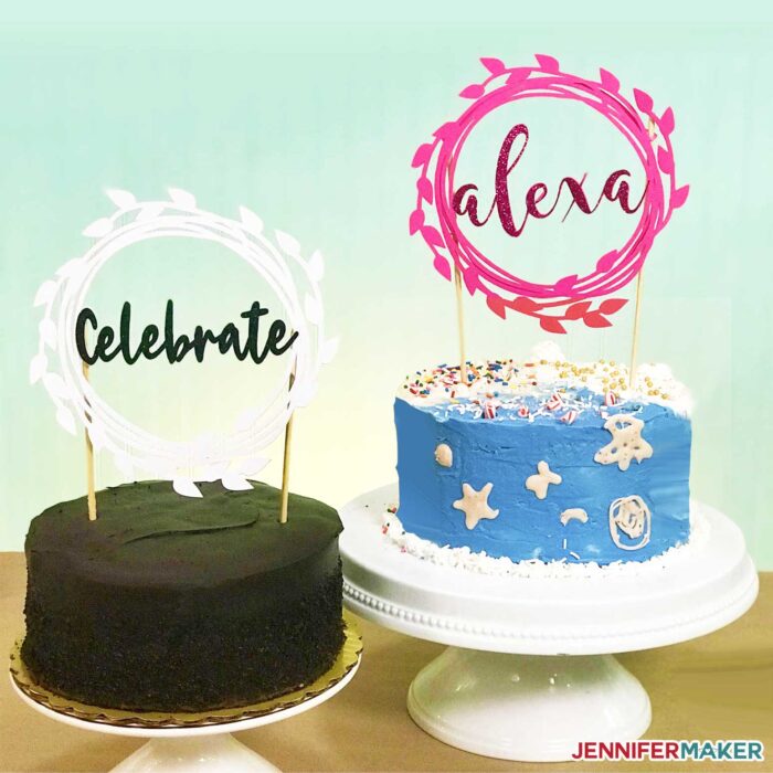 Two cakes with DIY cake toppers