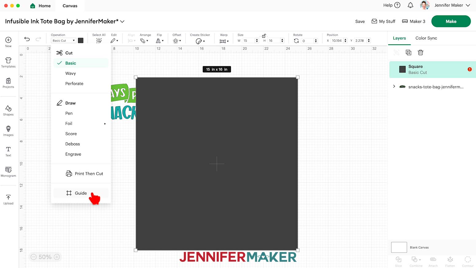 With the square selected, click on the Operation and select Guide.