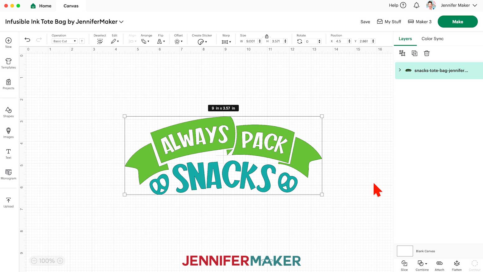 Infusible Ink Totes Snacks design on Design Space canvas.