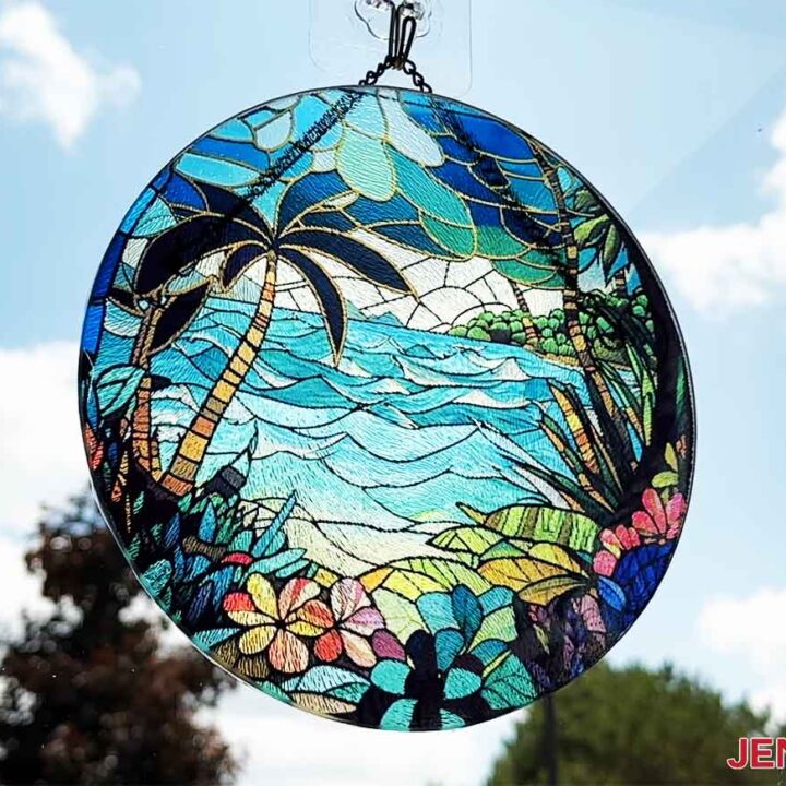 Here is my beautiful beach stained glass hanging in the window.