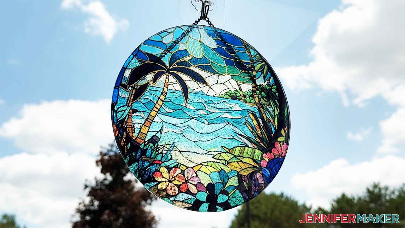 Here is my beautiful beach stained glass hanging in the window.