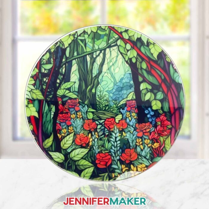 Can you sublimate on glass cutting boards? Learn how with JenniferMaker's tutorial! A round stained glass cutting board featuring an enchanted forest with roses scene sits propped up in front of a sunny window.