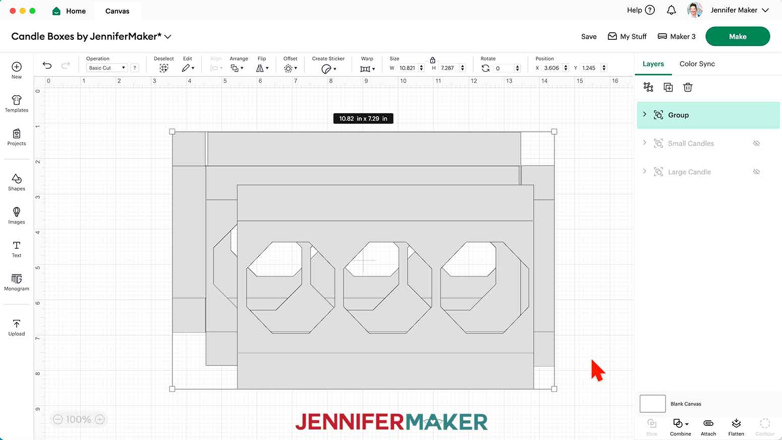The optional menorah base SVG opened and on the canvas. It is 10.82 x 7.29 inches.